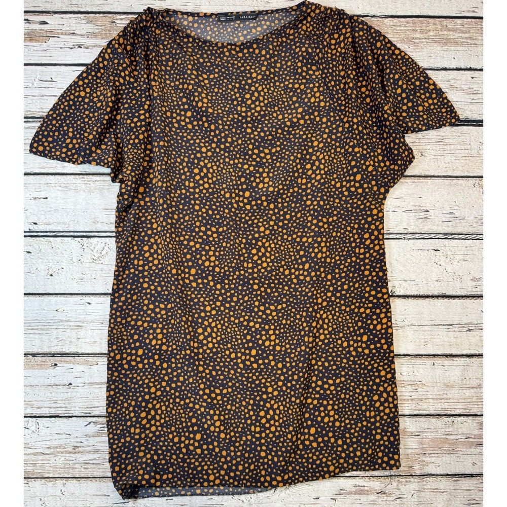 Zara Womens Short Dress‎ Large Black Brown Loose Fit Short Sleeve Polka Dot